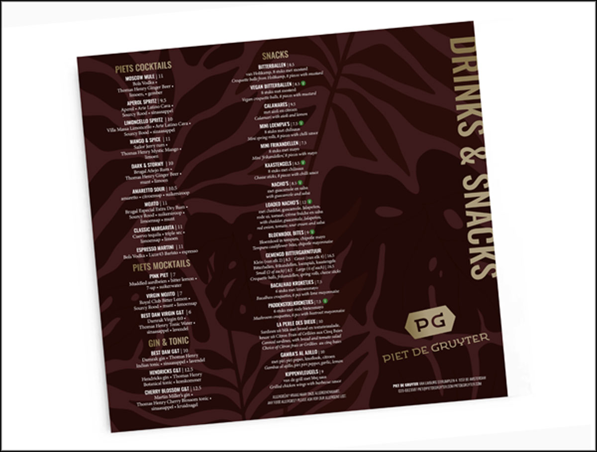 Café Piet de Gruyter menukaarten